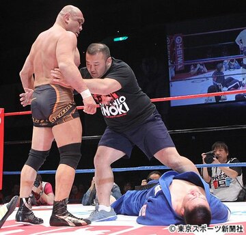  １５年大みそかの試合で藤田（左）は、澤田（下）を制裁
