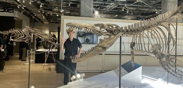 モササウルスの標本（右）と世界恐竜ナビゲーター・恐竜くん