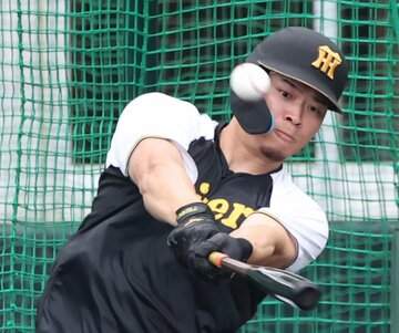 フリーバッティングする佐藤輝明