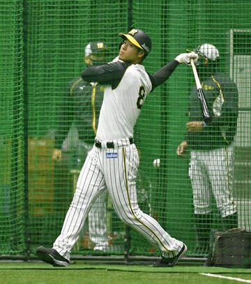 初の４番に向け、打撃練習で汗を流した佐藤輝