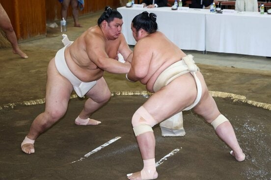 稽古総見で汗を流す大の里(左)