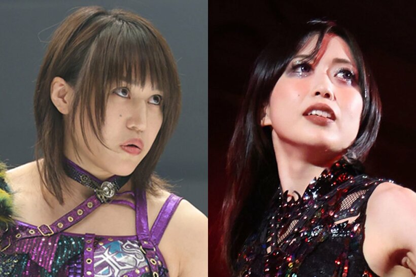 IWGP女子王者の朱里(左)と、STRONG女子王者の上谷沙弥