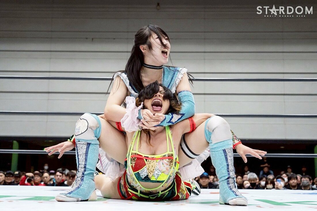 飯田沙耶(下)をキャメルクラッチで締め上げる玖麗さやか