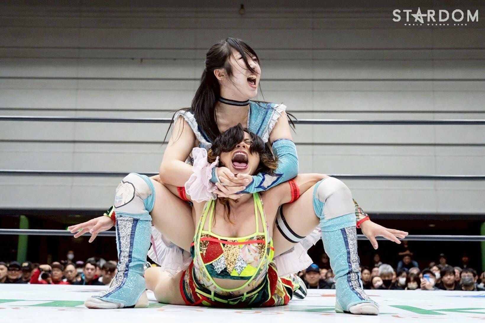 飯田沙耶(下)をキャメルクラッチで締め上げる玖麗さやか