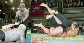  【写真左】画鋲バットを背中に打ち付ける松永。葛西の絶叫が後楽園ホールに響き渡った【写真右】自らも無数の画鋲の針の痛みを受けながらローリングクレイドルで葛西を仕留めた
