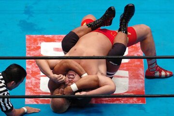 佐々木健介（上）にチョークスリーパーをかけるも3カウントを献上した藤田和之（04年10月）