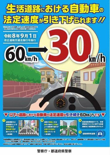 生活道路の法定速度が30キロになることを告知する警察庁のポスター