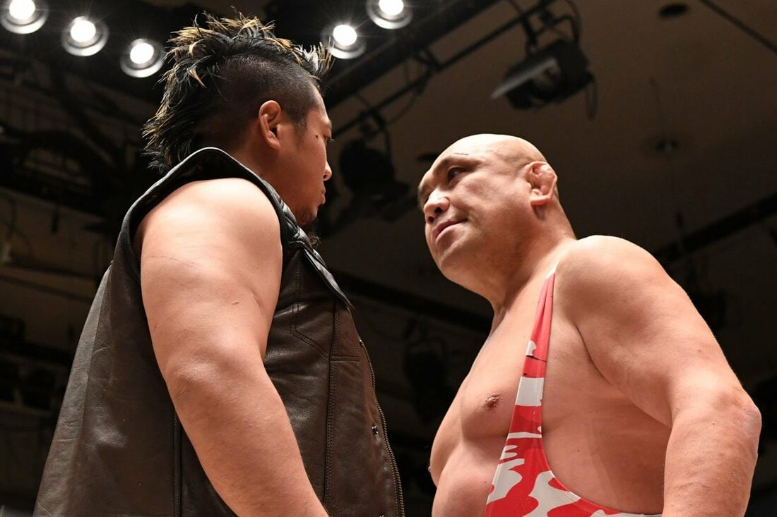 試合前からにらみ合う稲村愛輝(左)と藤田和之