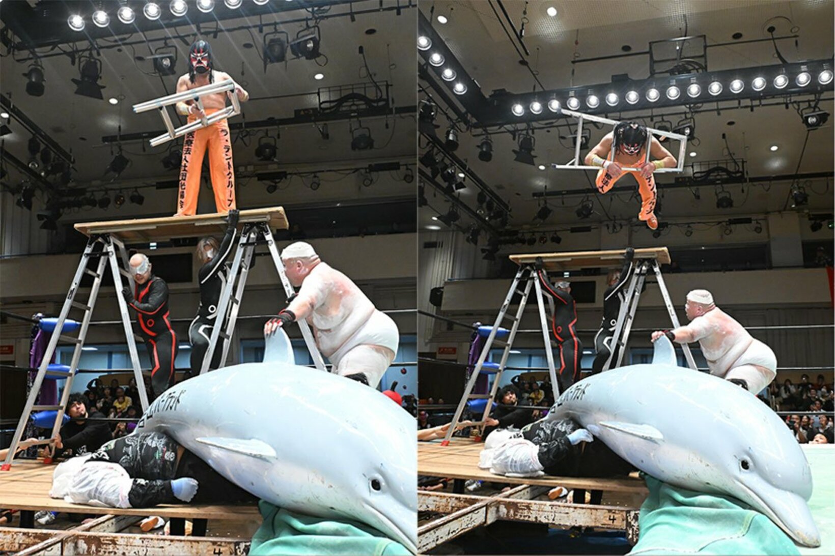首にラダーをかけ、ダイブするサスケ