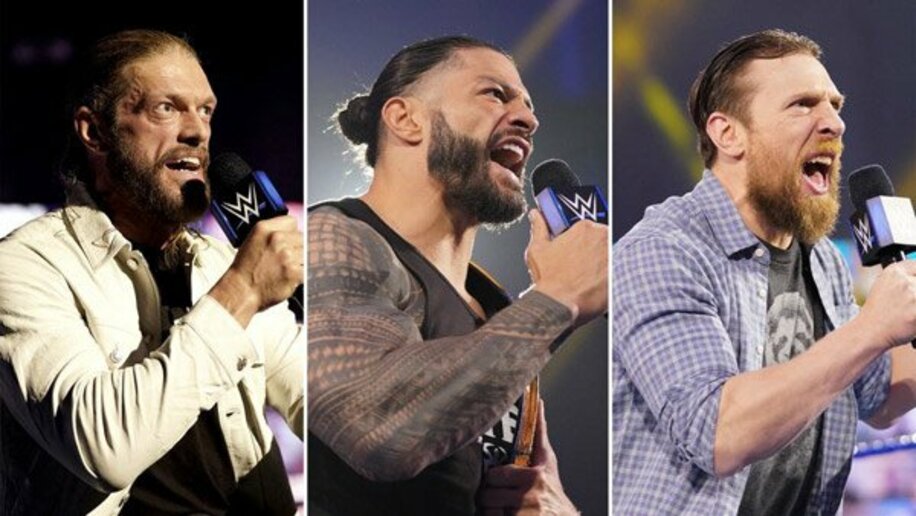  「「レッスルマニア３７」のユニバーサル戦へ向けて決意を表明した３人。左からエッジ、王者ローマン・レインズ、ダニエル・ブライアン(©2021 WWE, Inc. All Rights Reserved.)