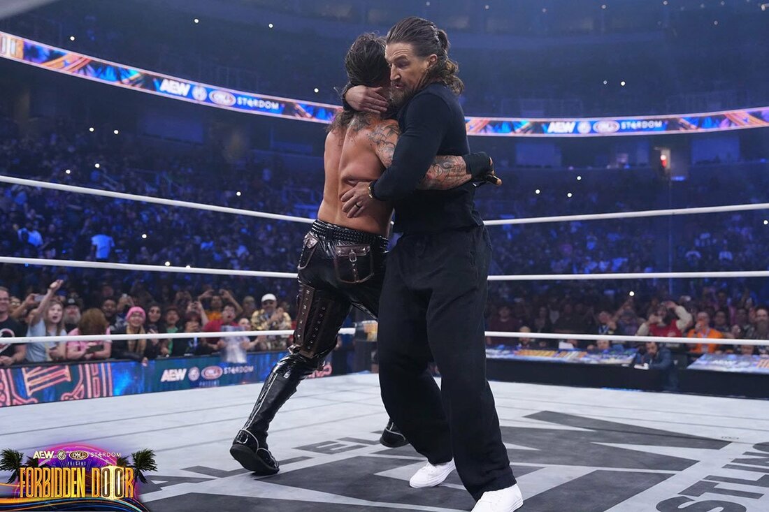 フィンレー(左)にブレードランナーを放つジェイ・ホワイト（©All Elite Wrestling）