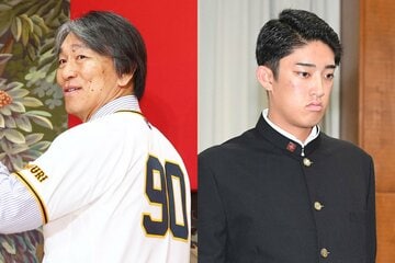 新背番号90を披露した巨人・松井新監督(左)と、ドラフト１位指名の横浜・織田翔希