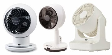  （左から）アイリスオーヤマ「サーキュレーターアイ」、小泉成器「コードレスマルチファン　ＫＣＦ―２３０２／Ｗ」、ドウシシャ「ＣＩＲＫＩＬＡＴＯＲ　サーキレイター」