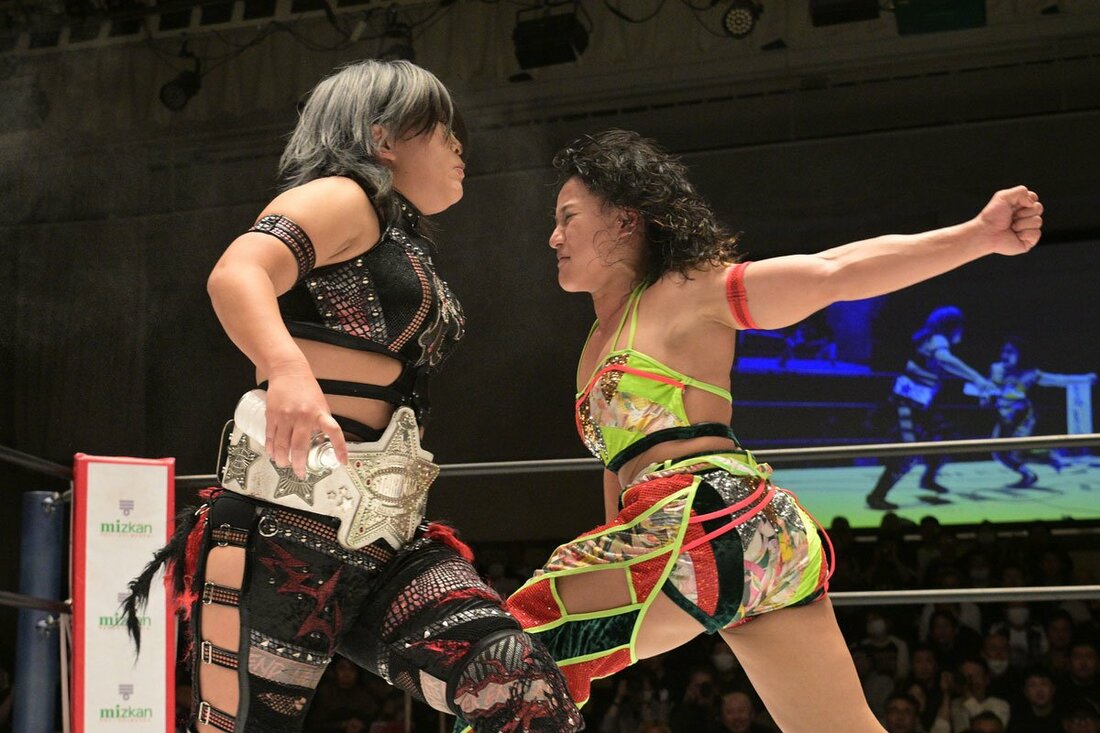 試合後の飯田沙耶(右)にスプレー攻撃を回避され、逆にラリアートを食らった小波