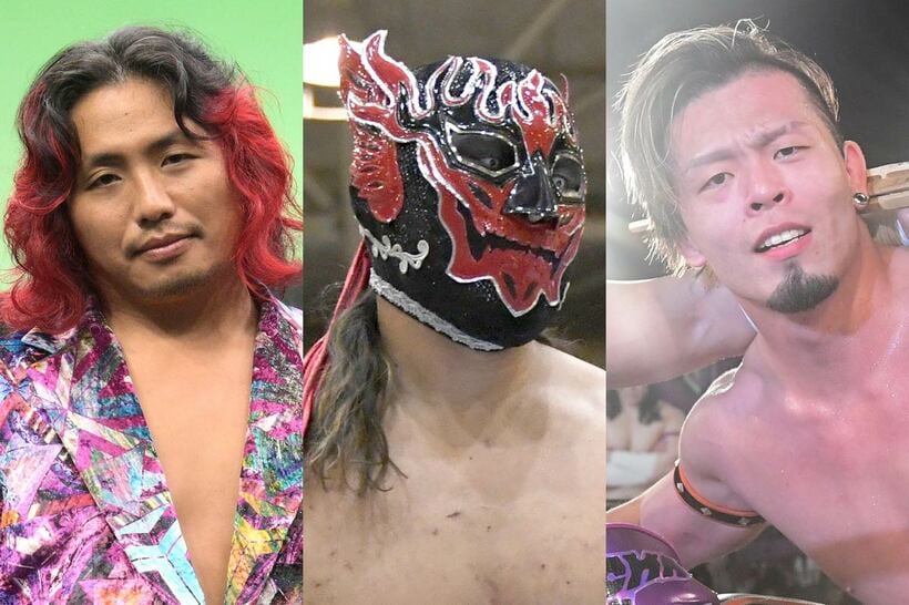 棚橋とのシングルが決まった（左から）高橋ヒロム、エル・デスペラード、藤田晃生