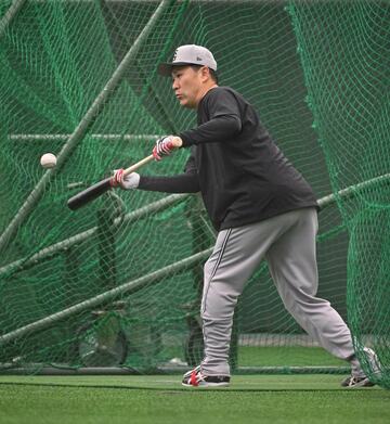 打撃練習する田中将大