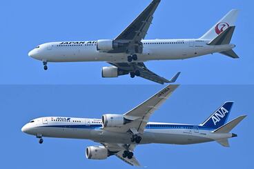 業績は安定しているものの株価調整局面の日本航空（上）と全日空