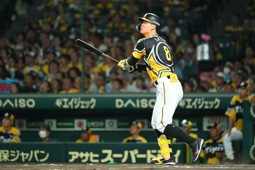 ８回、本塁打を放つ佐藤輝