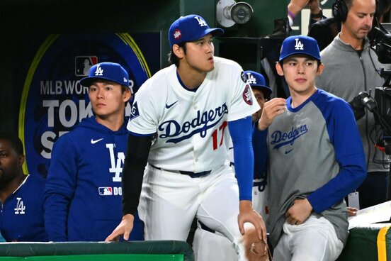 ワールドシリーズ連覇にいずれも貢献したドジャースの(左から)山本由伸、大谷翔平、佐々木朗希