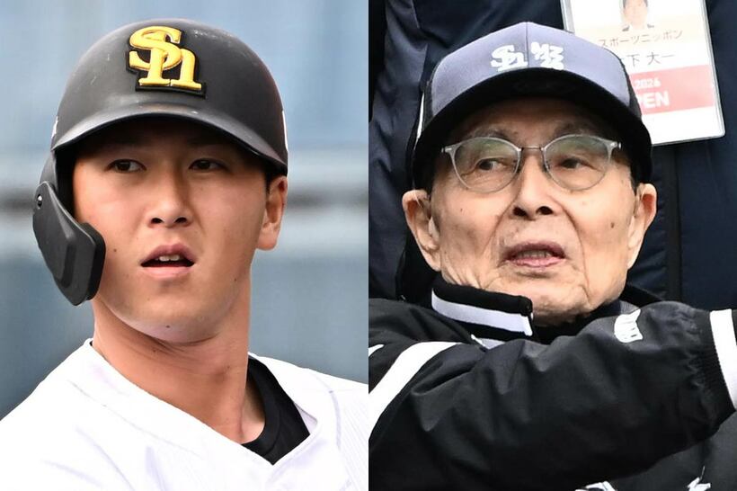 秋広（左）のバッティングを見守った王会長