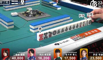 １月１２日２回戦　南２局４本場　西家・茅森早香の１巡目（２万３５００点・２着目、ドラ＝３索）