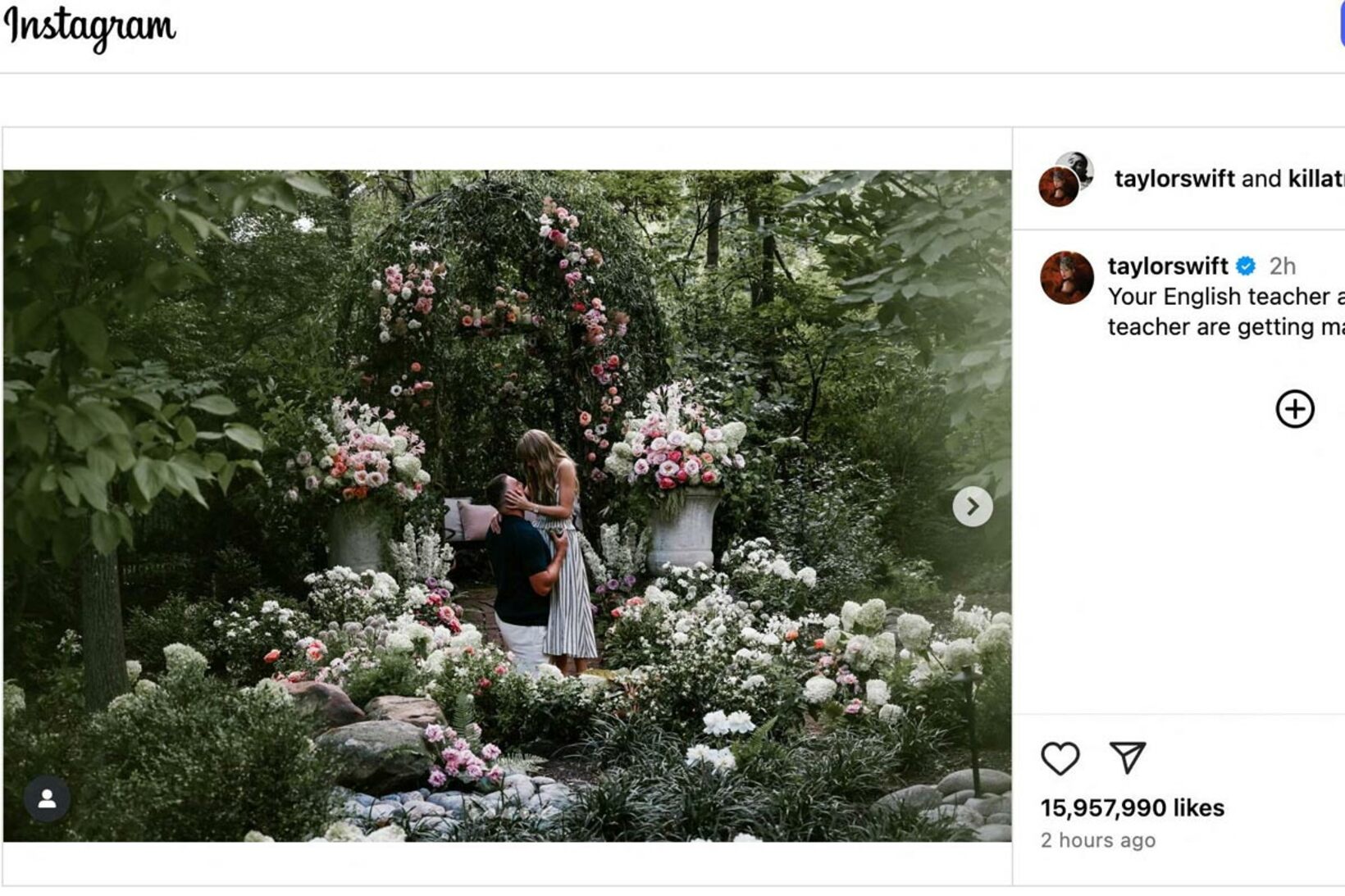 ケルシーがひざまずいた写真（左）と婚約を伝えたテイラーのインスタ投稿（ロイター）