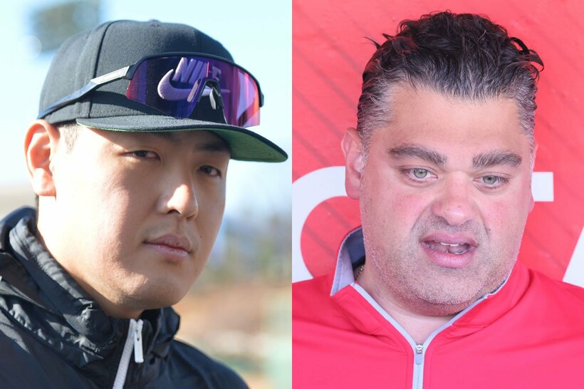 ブルージェイズ入りが決まった岡本和真(左)と、エンゼルスのペリー・ミナシアンＧＭ