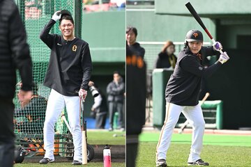 手応えアリの打撃練習となった巨人・坂本勇人(左)と丸佳浩