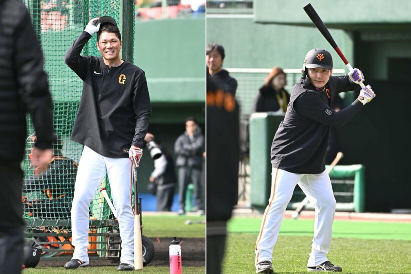 手応えアリの打撃練習となった巨人・坂本勇人(左)と丸佳浩