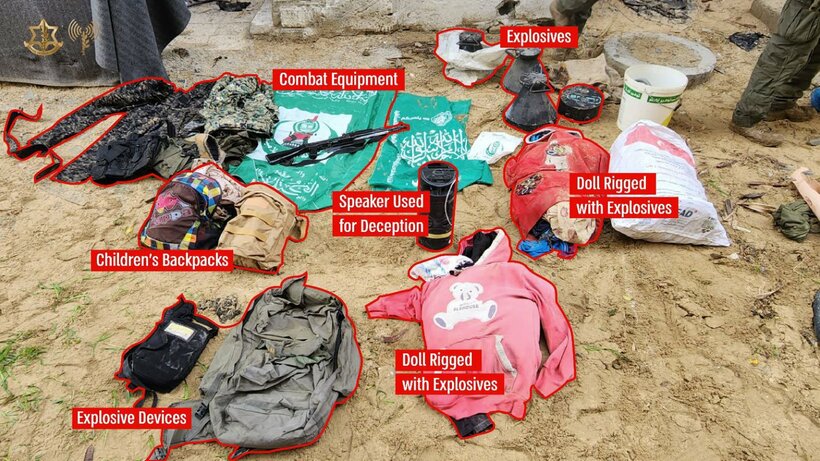 ハマスが罠に使用したとイスラエル軍が主張する子供のリュックなど（イスラエル軍のＸから）