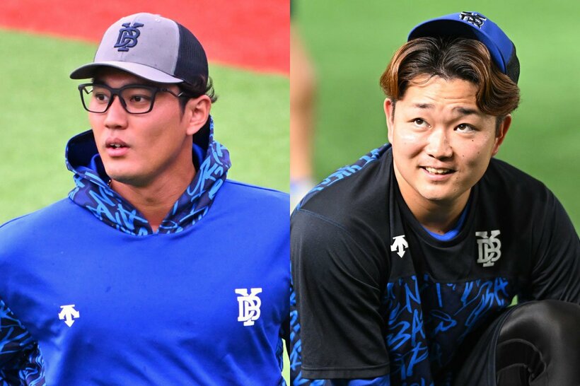 DeNAに新加入した藤浪晋太郎(左)と、巨人戦で好投した石田裕太郎
