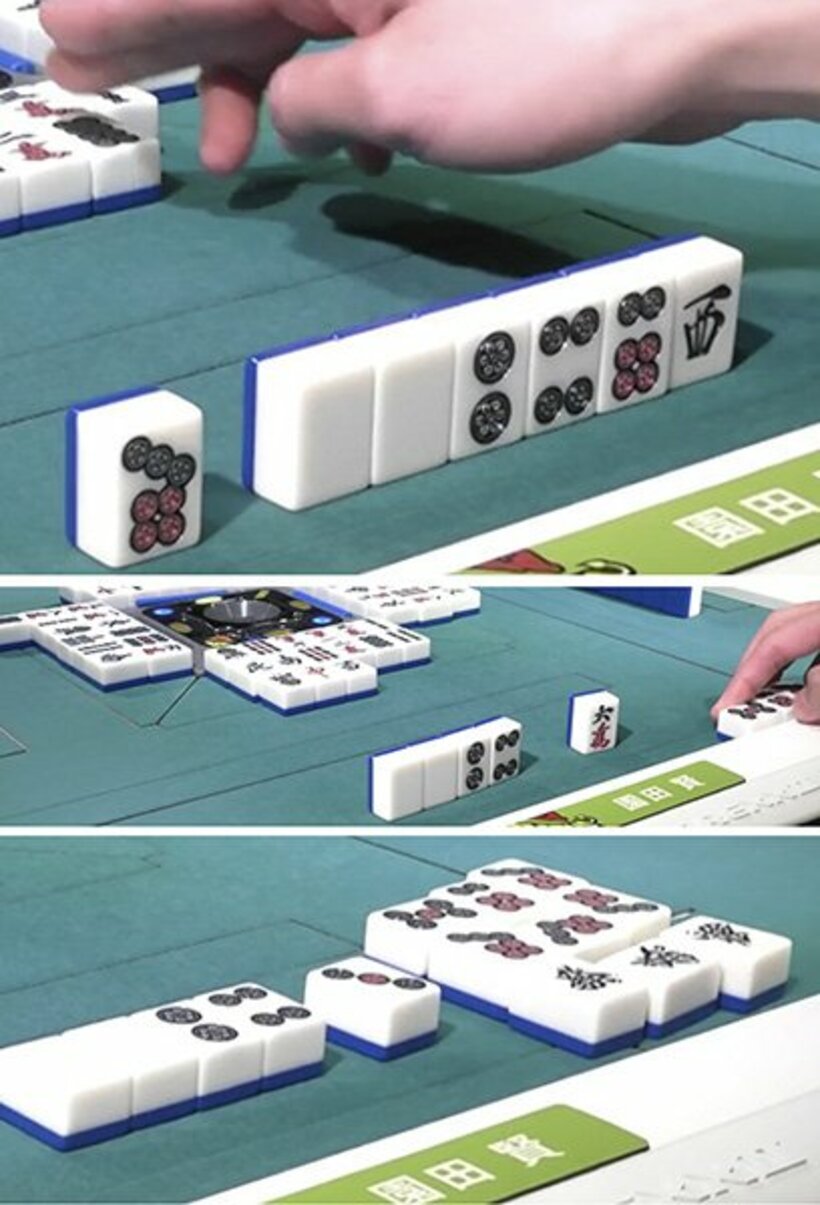  ドラの西をつかんだ瞬間、８筒切りで手を崩す（上）、前順の８筒は鳴かず、５筒はチー（中）、この形でアガリきった（下）（Ｃ）ＡＢＥＭＡ
