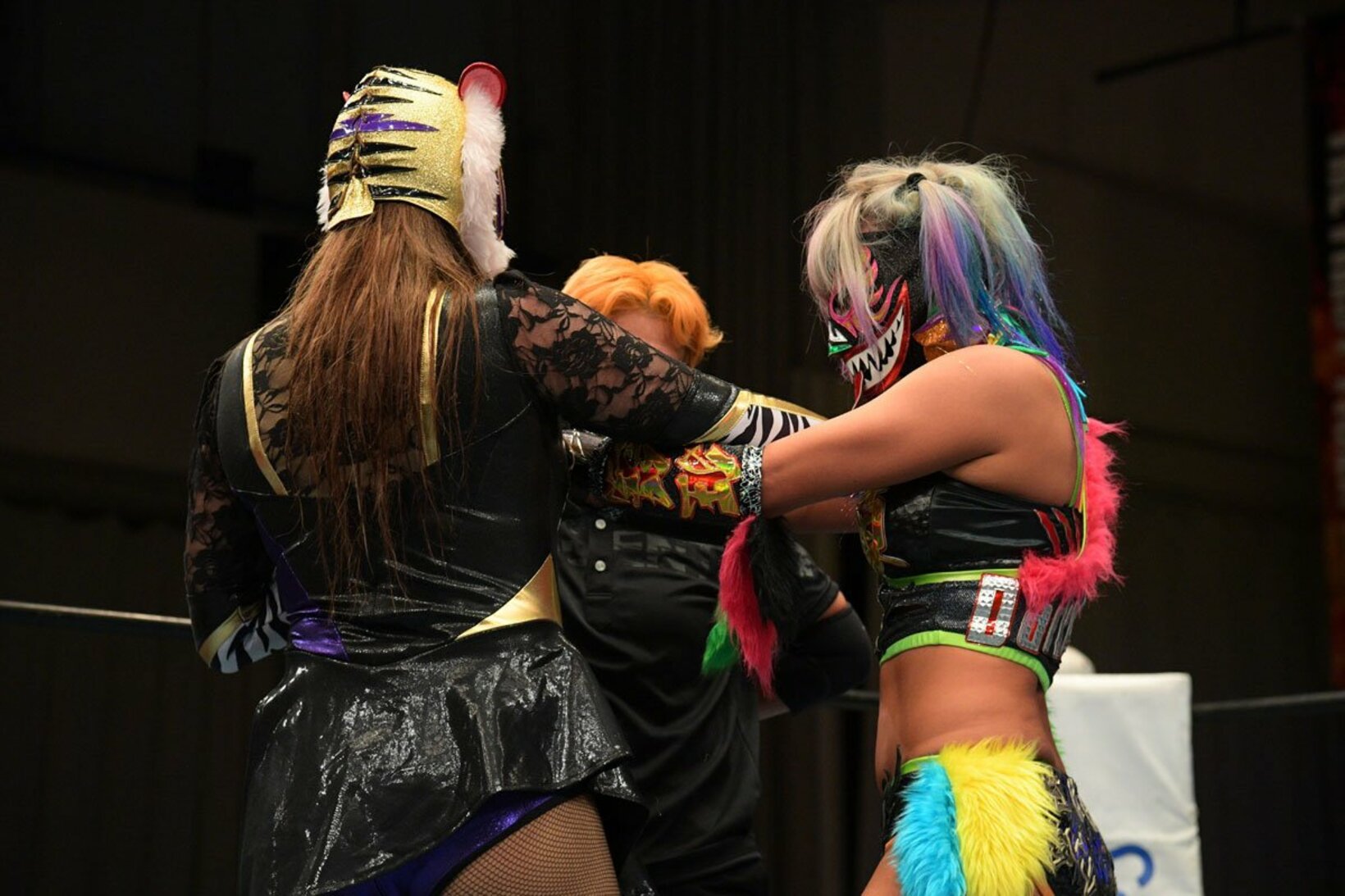 試合後、タイガー・クイーン（左）に詰め寄るダーク・ウナギ