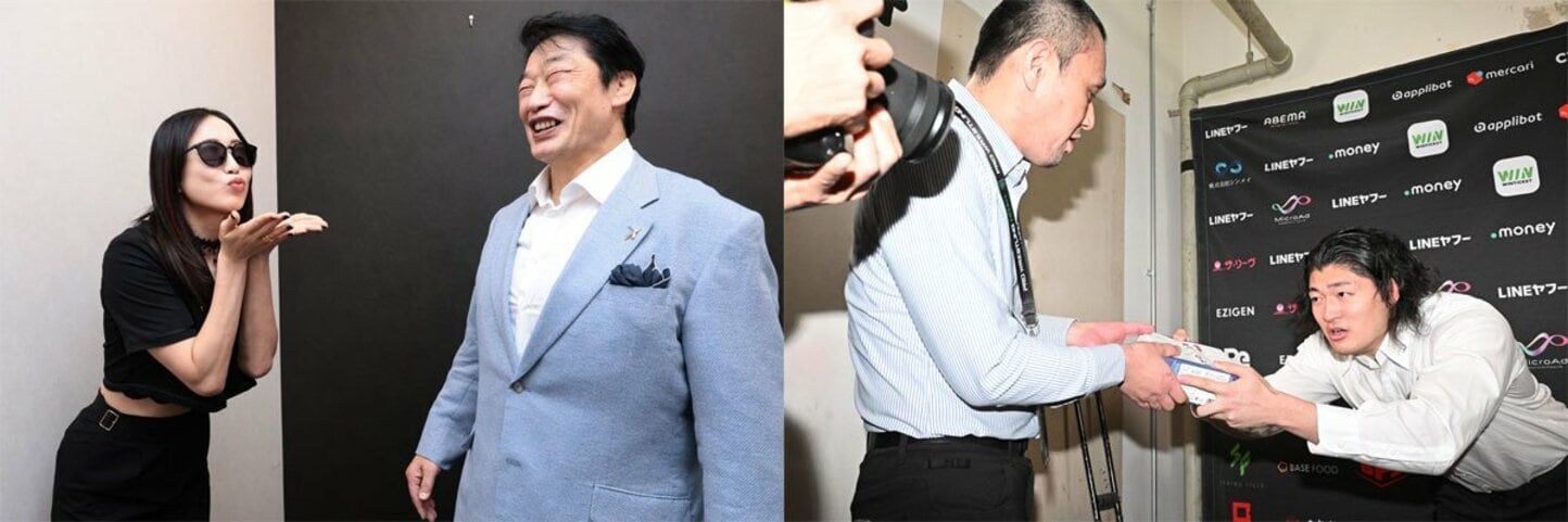 【左】選考委員の小橋建太(右)にキス顔で迫る上谷沙弥【右】本紙記者(左)にカステラを手渡すOZAWA