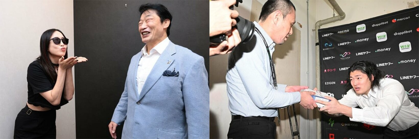 【左】選考委員の小橋建太(右)にキス顔で迫る上谷沙弥【右】本紙記者(左)にカステラを手渡すOZAWA