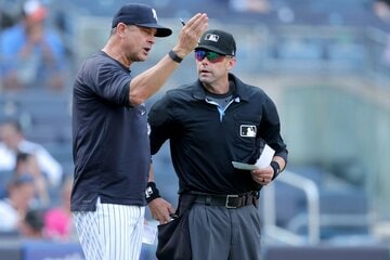 球審に説明を求めるヤンキースのアーロン・ブーン監督（ロイター）