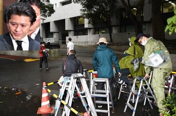  警視庁本部には朝から多くの報道陣が集まった（顔写真は山口）
