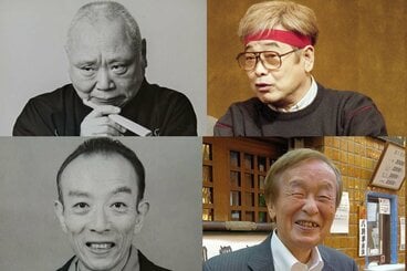 圓朝と名人について語ってくれた大野善弘氏（右下、左上から時計回りに五代目柳家小さん、立川談志、1人おいて桂歌丸）