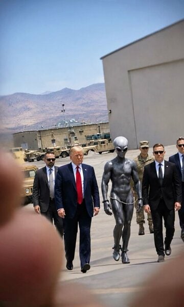 拘束された宇宙人と並び歩くトランプ大統領の画像（トランプ氏のトゥルース・ソーシャルから）