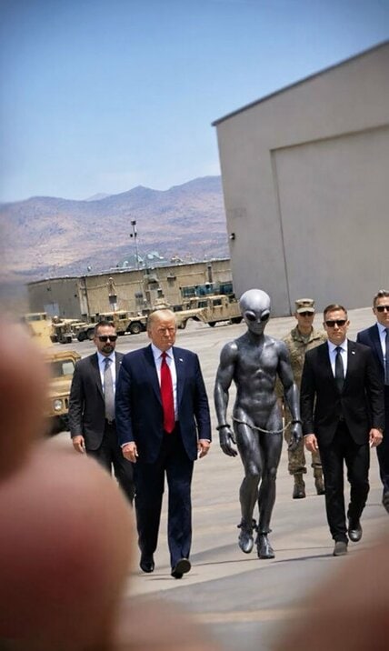 拘束された宇宙人と並び歩くトランプ大統領の画像(トランプ氏のトゥルース・ソーシャルから)