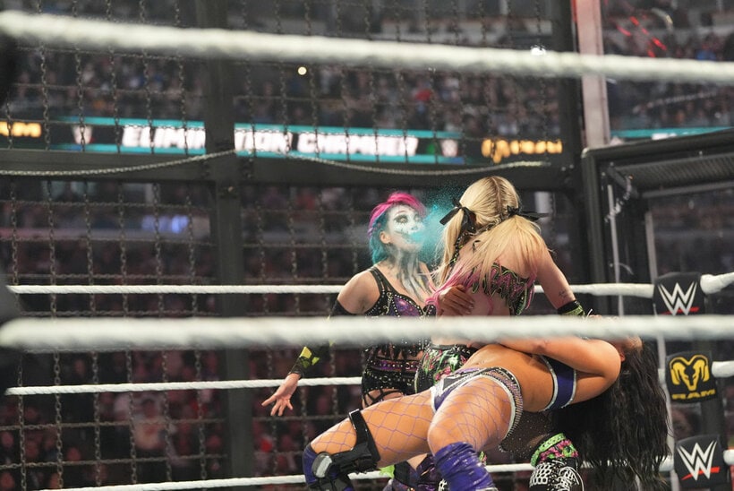 アスカ（左）は、キアナ・ジェームズ（下）を捕獲したアレクサ・ブリスに毒霧噴射©WWE