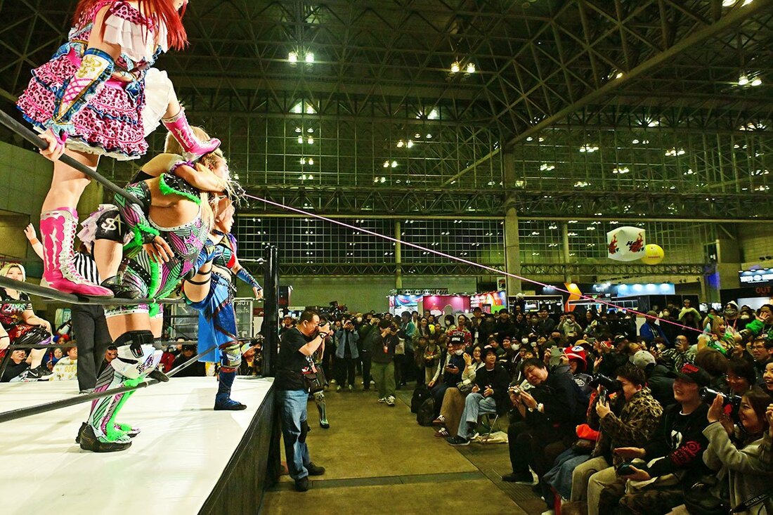 客席に入り込み、ZAMAS軍にゴムパッチン攻撃を仕掛けるウナギ・サヤカ(右)