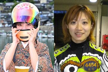 現役時代の梅崎さん（右）とヘルメットをかぶってくれた今の梅崎さん