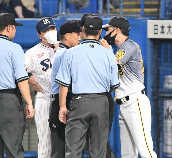  審判を挟んで言い合う阪神矢野監督(右)とヤクルト・高津監督