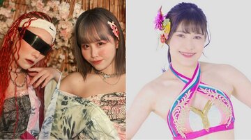 「５％ＢＥＲＭＵＤＡ」のＪＵＮＡ（左）、福永ありさと女子プロレスラー・谷もも 