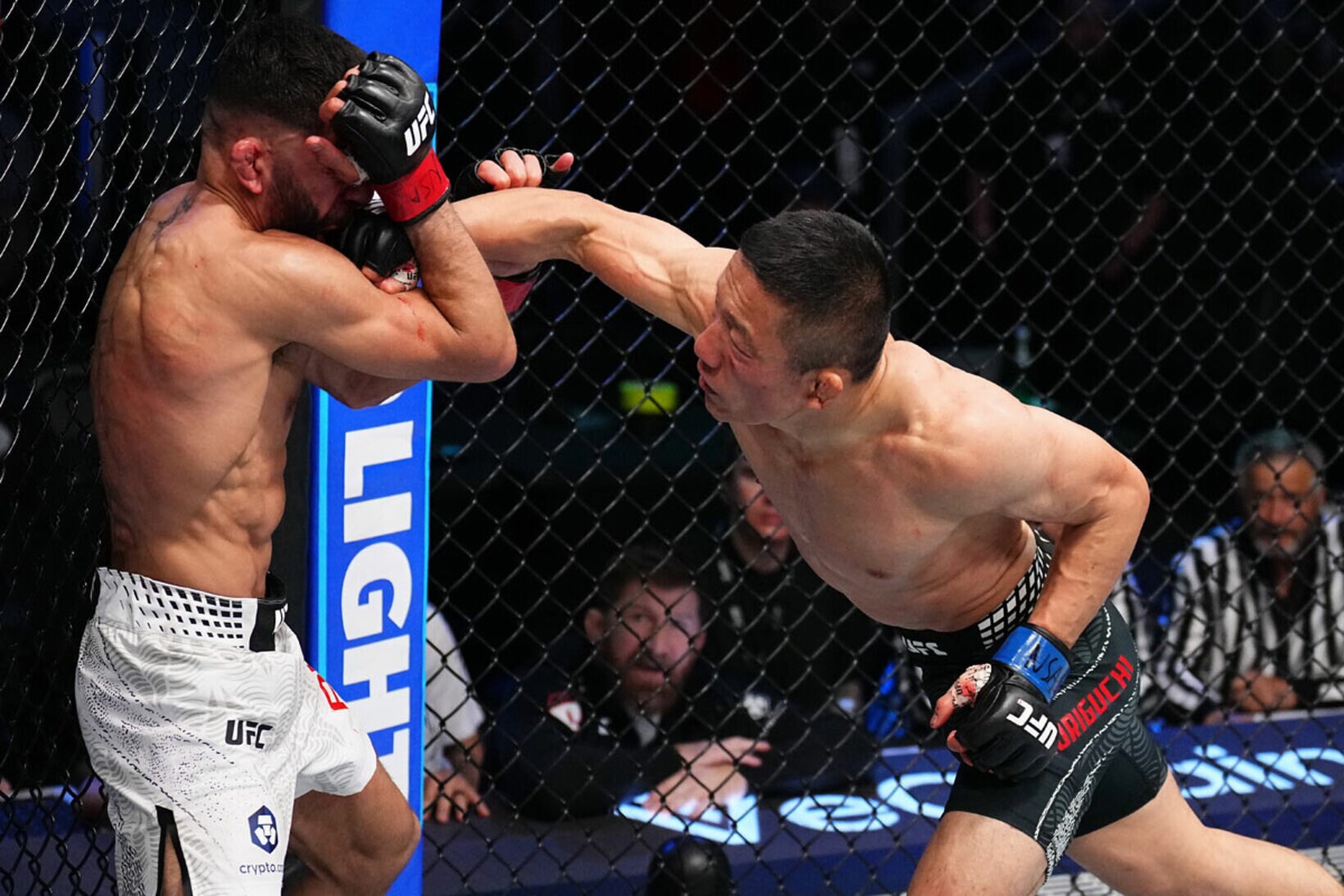 アミル・アルバジにパンチを叩き込む堀口恭司（(c)Zuffa LLC/UFC