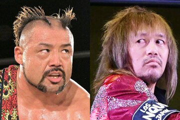 GHCタッグ王者・情熱MAXの征矢学(左)と、GHC王者の内藤哲也