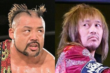 GHCタッグ王者・情熱MAXの征矢学(左)と、GHC王者の内藤哲也