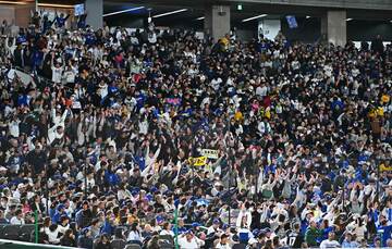 イニング間にウェーブをするファン