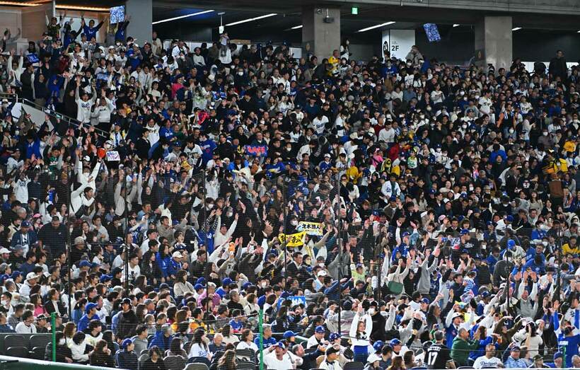 イニング間にウェーブをするファン